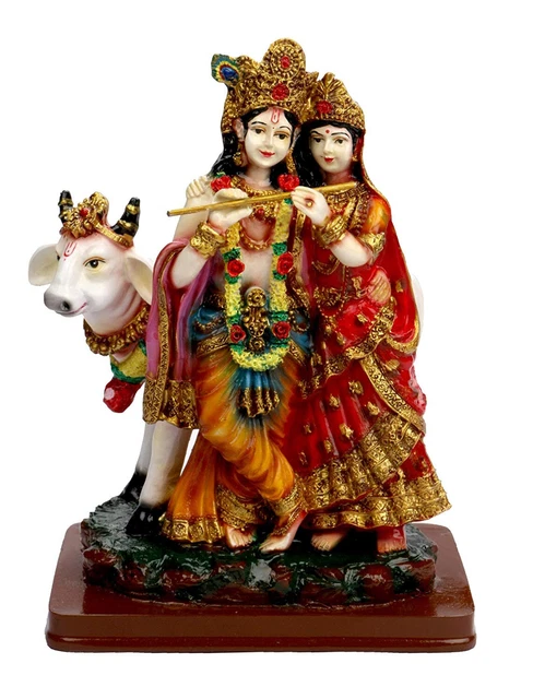 Lord Radha Krishna With Cow Marble Sculpture 7.7 Inch Idol Statue Figurine