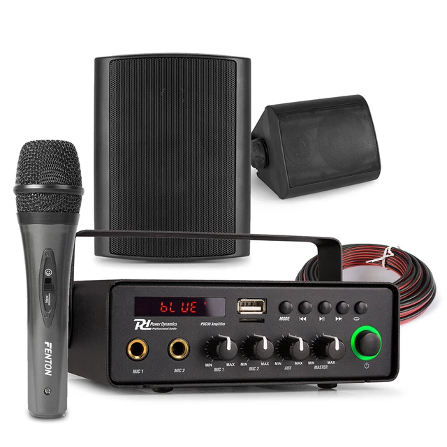 12V POWERED OUTDOOR PA System with Mic, 2x 5.25" Black Speakers