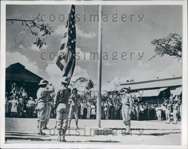 1942 US Flag Hoisting US Army Base Jamaica Press Photo