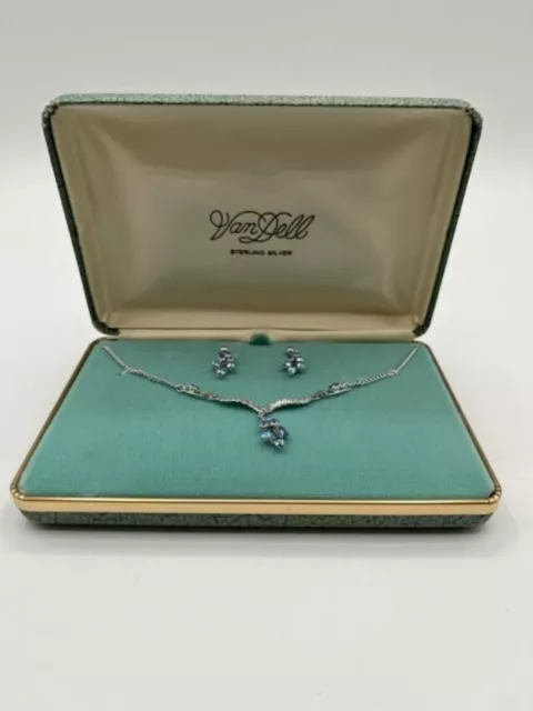 Vintage Van Dell Sterling Silver  NECKLACE EARRINGS set MIB Blue Stones