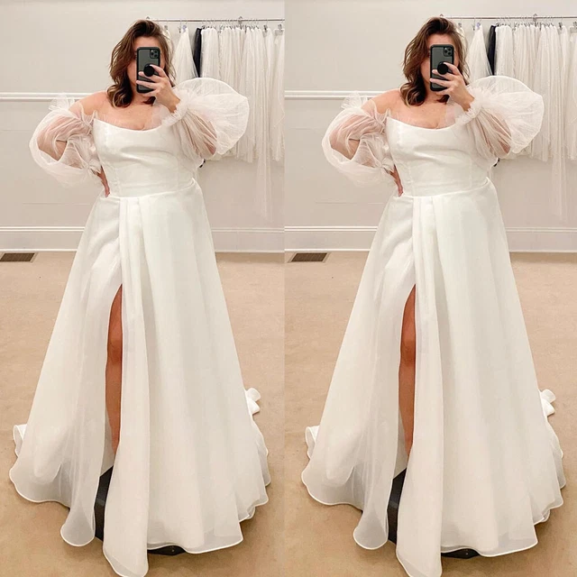 White/Ivory Chiffon Wedding Dresses With Side Split A Line Beach Bridal Gowns