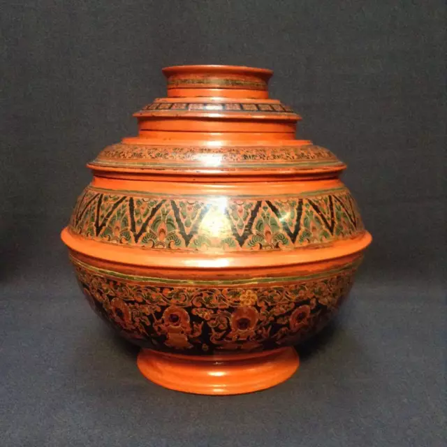 Vintage 19th century Burmese Lacquer Round Box 5 Pcs.