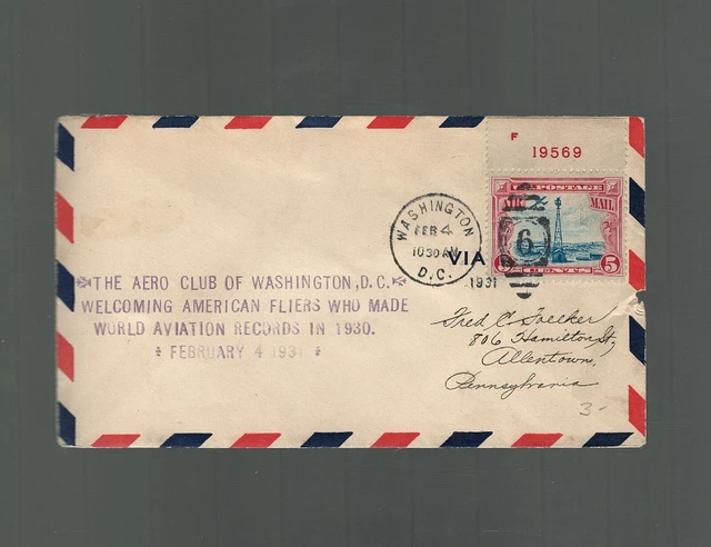 US First Flight Cover Washington DC to Allentown Pennsylvania 1931 US Sc c11