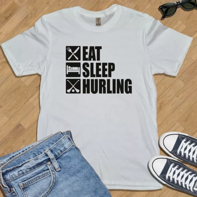 EAT SLEEP HURLING - T-SHIRT - All SIZES + COLS (Camogie Irish Gaelic Ireland)