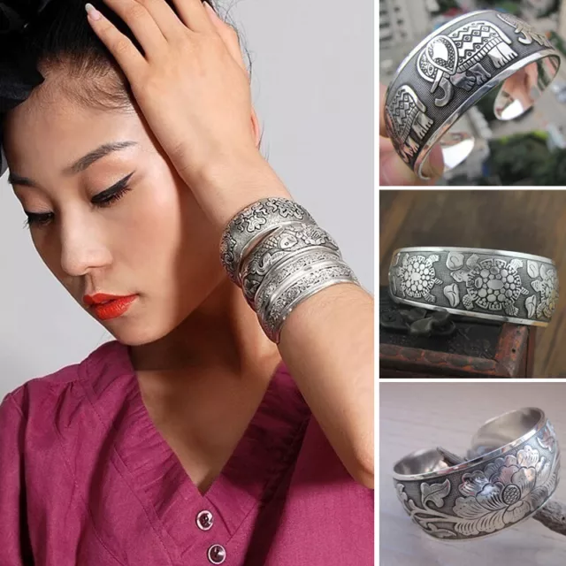 Retro Tibetan Silver Carved Bracelet Women Boho Cuff Bangle Jewelry Decor 1pc