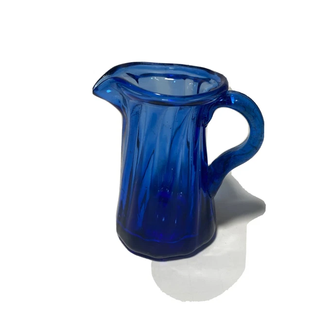 VINTAGE COBALT BLUE Glass Mini Creamer Pitcher Swirled Hand Blown 3 1/2
