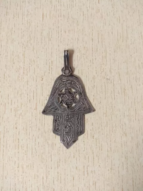 Antique Silver Berber Khamsa Pendant from Morocco with a Hallmark