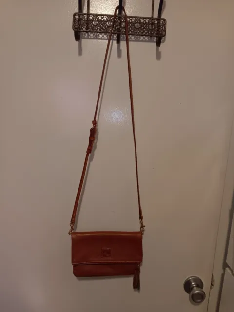Dooney & Bourke Caramel Brown Fold Over Leather Crossbody Bag Multi Compartments