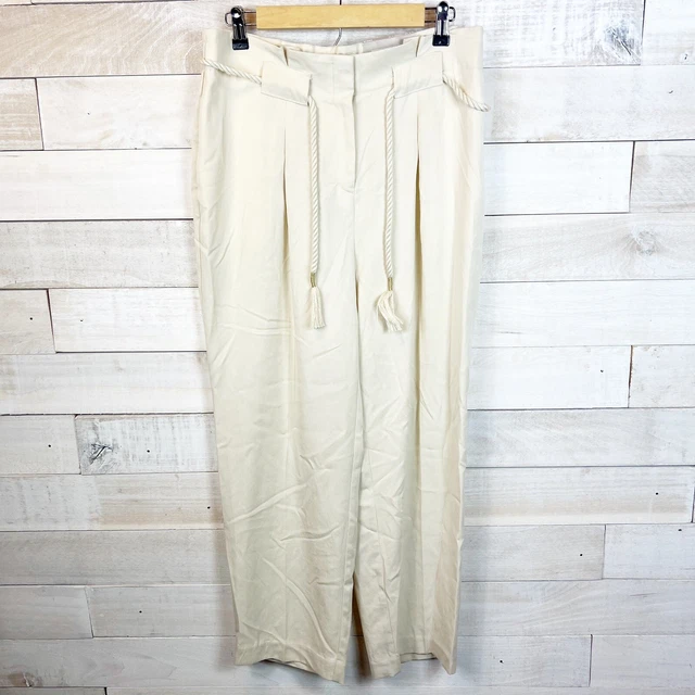 Chicos Paper Bag Pants Womens Size Medium Tapered Ankle Rope Belt Pockets Beige