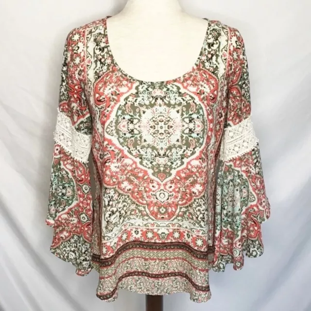 Soulmates Blouse Size M Top Boho 3/4 Bell Sleeve Lace Floral Peasant Multicolor