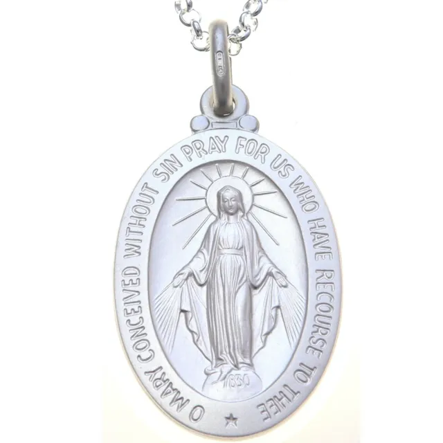 Mens large sterling silver Miraculous Mary medal necklace with 20" chain & box