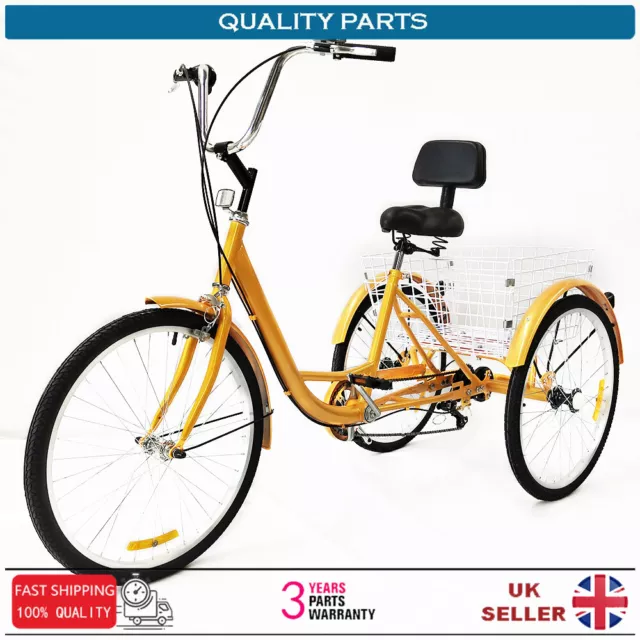 24" Yellow Tricycle 3Wheel 6-Speed Adult Bicycle Tricycle Trike Bike W/ Basket