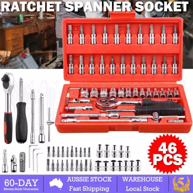 46Pcs Socket Set CRV 1/4" Ratchet Wrench Metric Driver Extension Bar Tool Kit AU