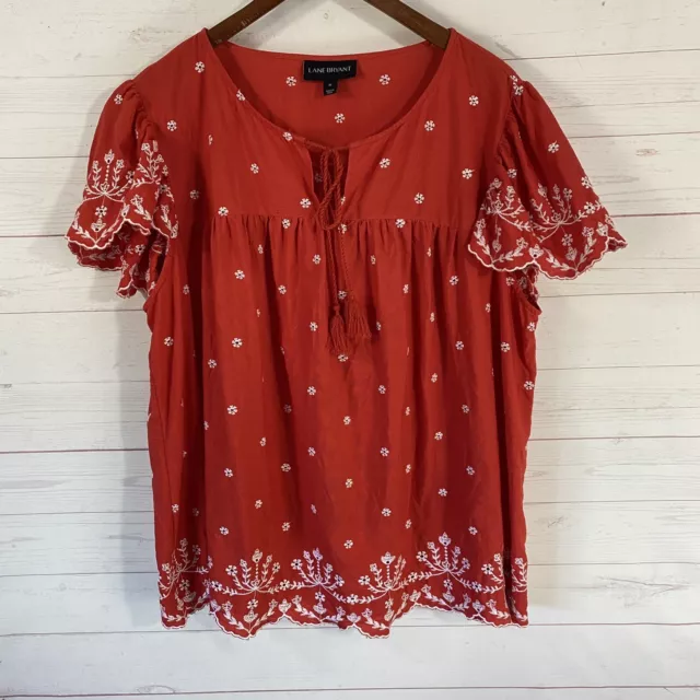 Lane Bryant Short Flutter Sleeve Embroidered Top Sz 16 Red Cotton Linen Tassel