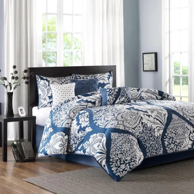 Navy Blue White Damask Scroll 7 pc Cotton Comforter Set Full Queen Cal King Bed
