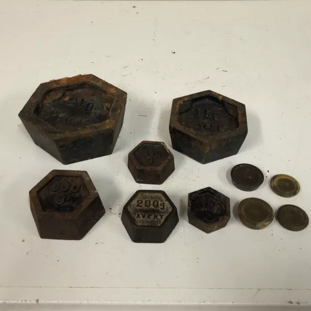 10 Hexagonal Avery Vintage Metric Cast Iron  Weights 2kg - 20g Balanced Scale