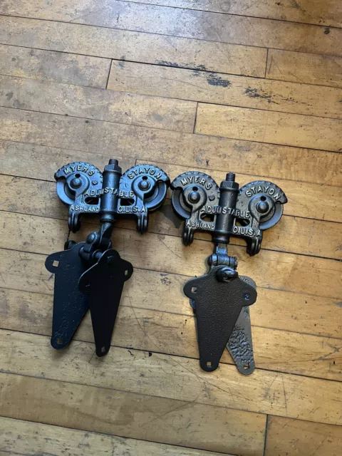Antique Restored Myers Adjustable Stay On cast iron Barn Door Rollers Pair Set