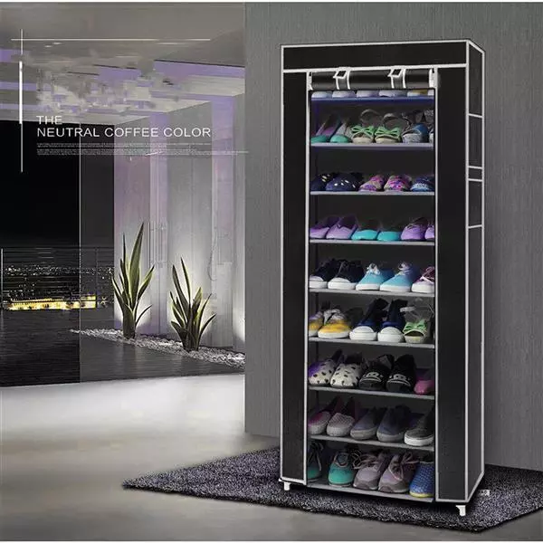 Portable 10 Tier Shoe Rack Shelf Storage Closet Cabinet with Cover Standing