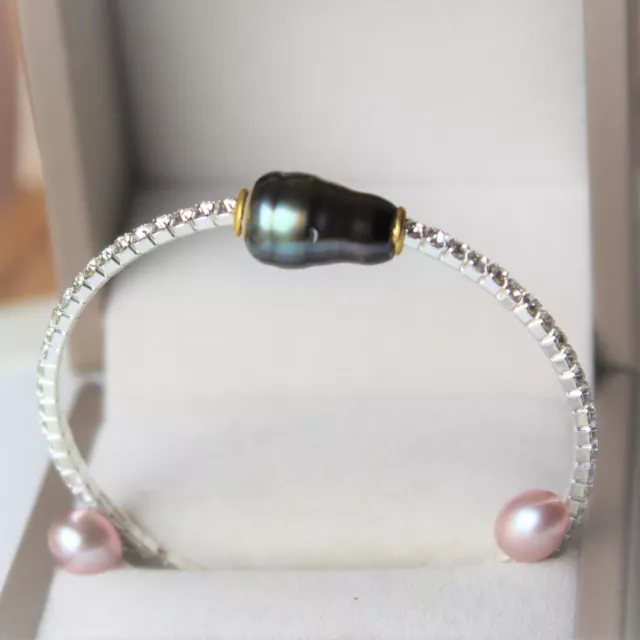 Perle de Tahiti Paon de 13,45 x 9,02 mm + 2 Perles d'Eau Douce - Bracelet