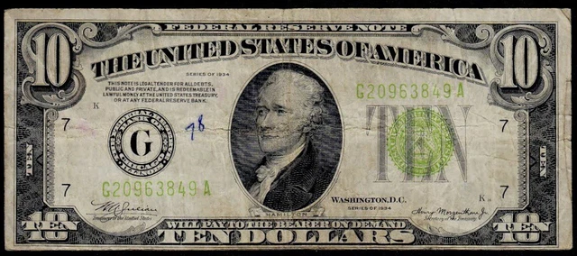 1934 Chicago $10 LGS (Lime Green Seal) Federal Reserve Note VF Net Ink