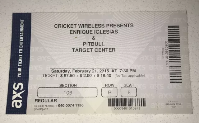 2/21/15 Enrique Iglesias + Pitbull Concert Target Center Minneapolis Ticket Stub