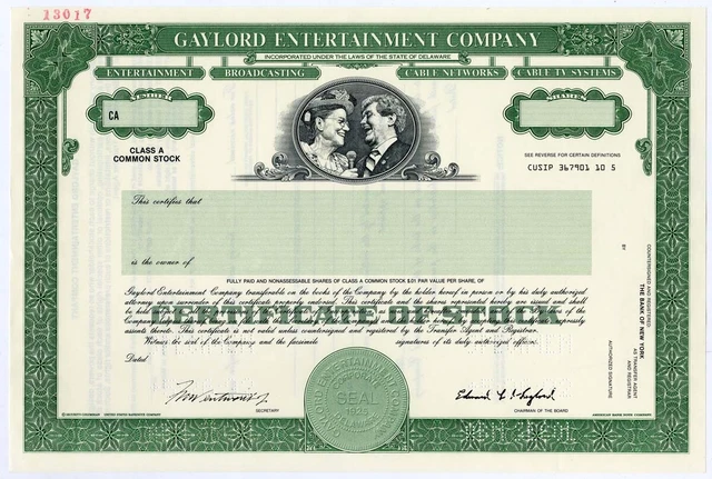 Gaylord Entertainment Co., 1992 Specimen Stock Certificate