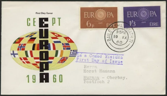 IRELAND 146/7 LETTER, 1960, Europe on FDC, Magnificent