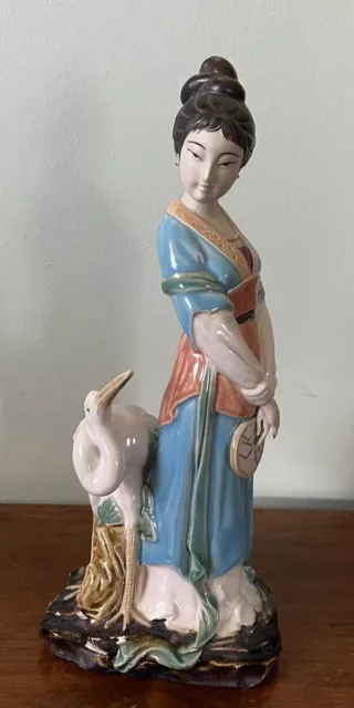 Wucai Porcelain Pottery Woman With Fan & Redcrowned Crane Bird Statue Figurine