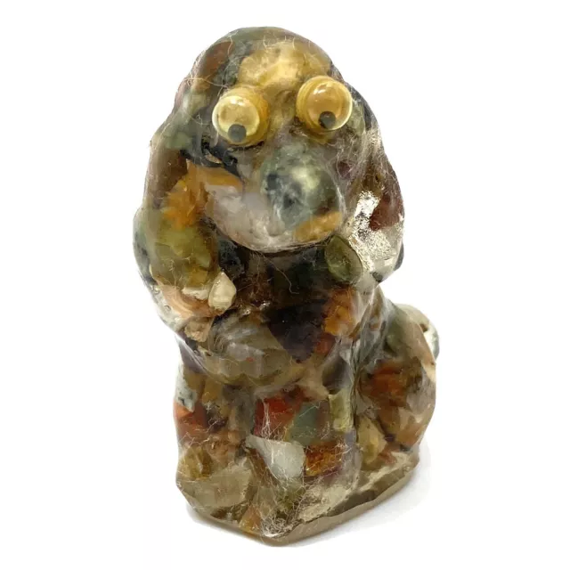 Vtg OOAK COCKER SPANIEL DOG Miniature Figurine Resin w/ Stones And GOOGLY EYES