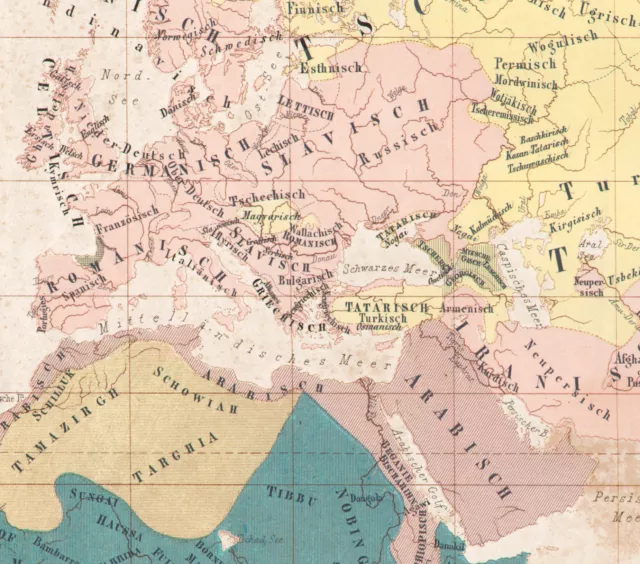 1858 Rare lithographie Carte des langues Europe Asie Afrique linguistique Ewald
