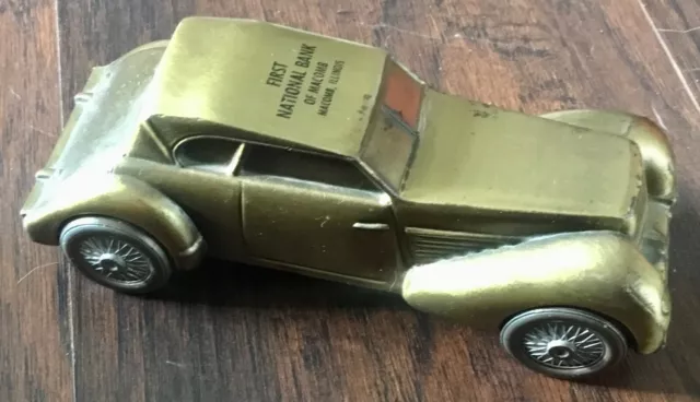 Brass Cord Car  Promo Coin Bank FIRST NATIONAL BANK OF MACOMB, IL Banthrico 1974