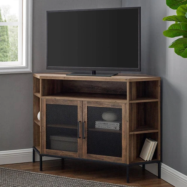 Welwick Design Corner TV Stand 48" Wood And Metal Reclaimed Barnwood W/Mesh Door