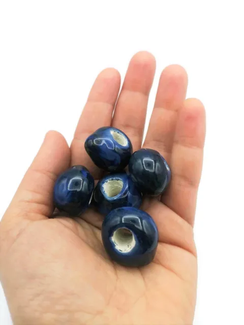 5Pc Blue Artisan Ceramic Macrame Beads Large Hole Round Clay Jewelry Making Ball