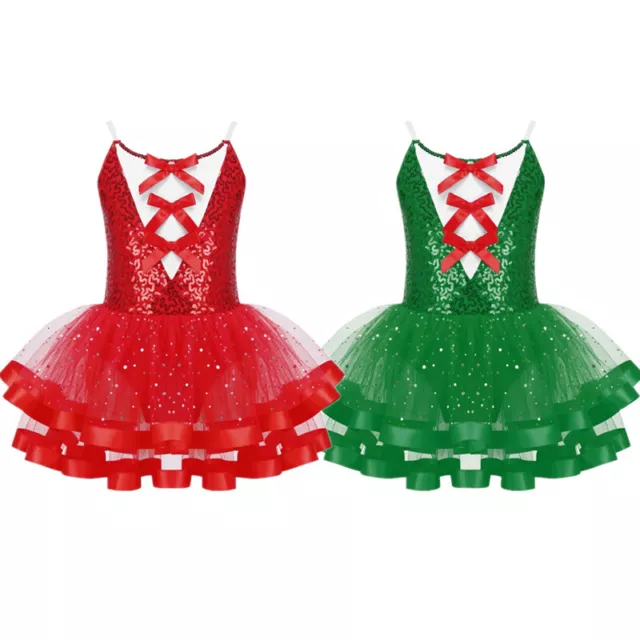 UK Girls Sequins Ballet Dance Leotard Tutu Dress Christmas Performance Costume