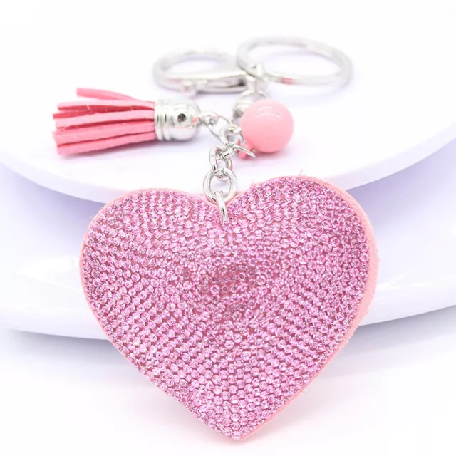 Love Heart Leather Crystal Diamante Rhinestone Bag Charm Handbag Keyring Pendant