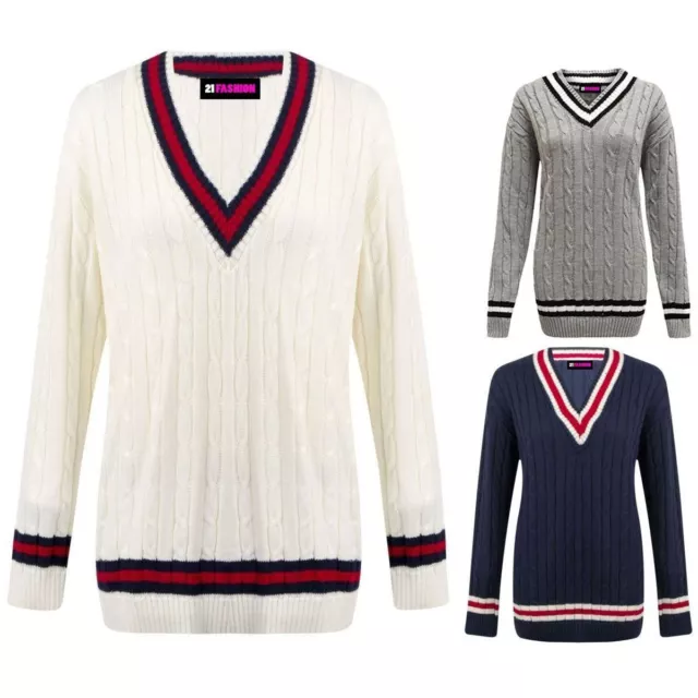 Ladies Cable Knitted Plain Cricket Jumper Womens Long Sleeve V Neck Sweater