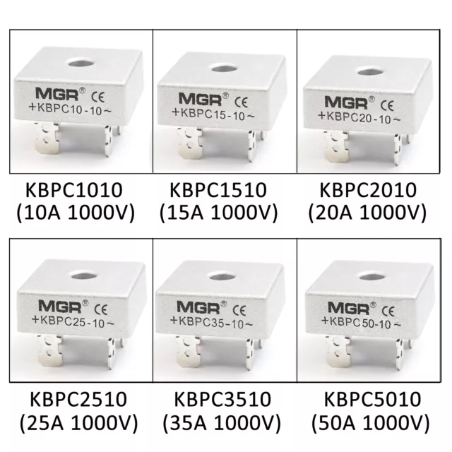 Diode Bridge Rectifier KBPC Metal Case Single Phase 10/15/20/25/30/50A 1000V 2