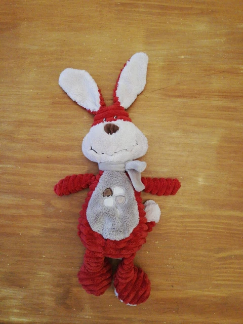 Doudou Peluche Bengy Lapin Rouge bordeaux  Beige Trèfle Écharpe gris