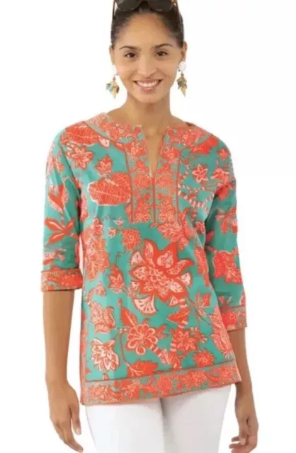 Gretchen Scott Women's Split  Neck Tunic Glorious Floral 3/4 Sleeve Coral Sz S