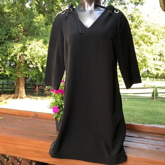 Tahari Shift Dress Black Stretch 10 3/4 Bow-Sleeve Shoulder Lined V-Neck NWT$128