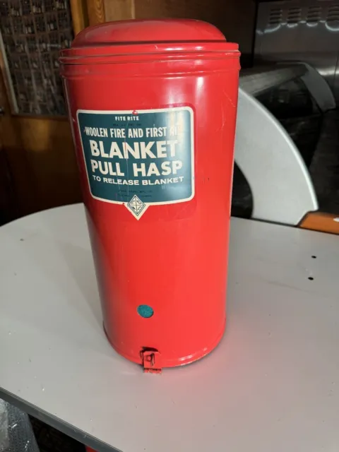 Vintage Emergency Fire Blanket and Wall Mount Holder Metal Canister Rescue Red