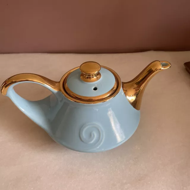 Vintage Pearl China Co. Turquoise Teapot Hand Decorated 22KT Gold Trimmed