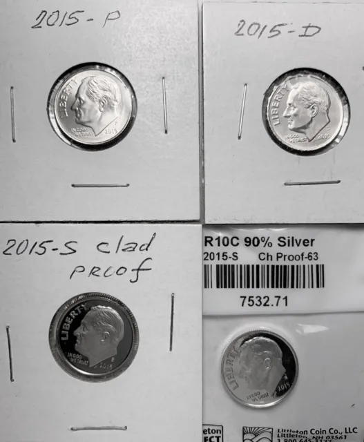 2015 Roosevelt Dime. Set 4 Coins. Mint P & D Unc. Mint S proof & silver proof.