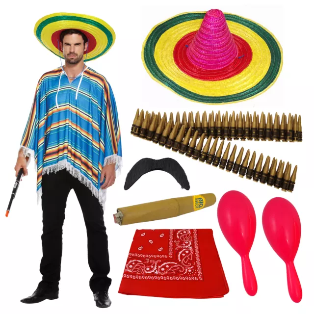 Erwachsene mexikanisches Kostüm Poncho Sombrero Maraca Kugel Hirsch Do Outfit