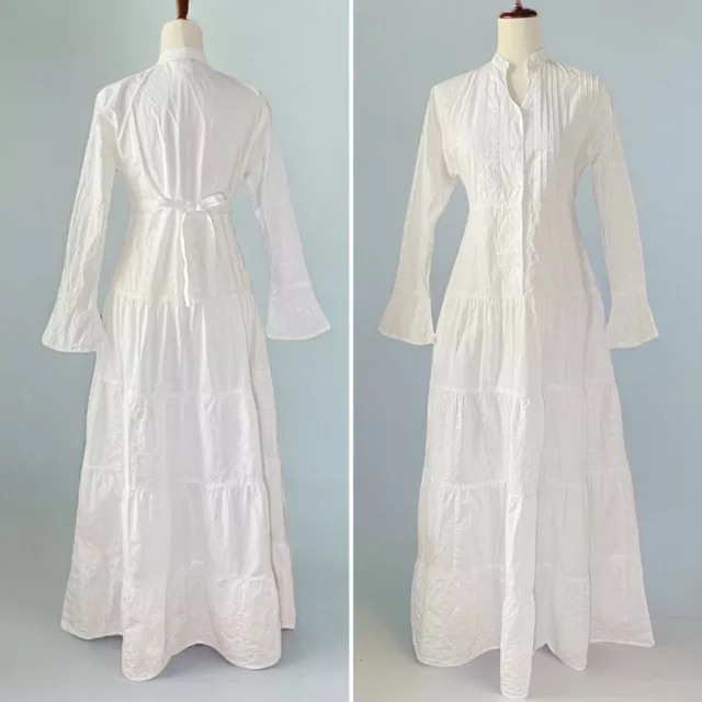 Vintage White Embroidered Cotton Maxi Prairie Dress Long Bell Sleeve Size Small