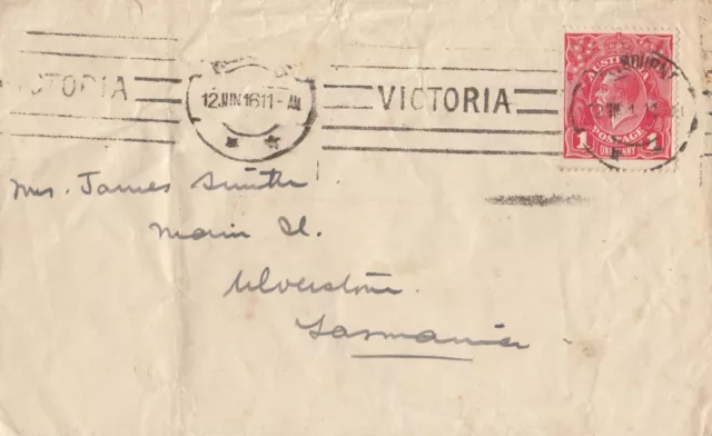 Stamp Australia 1d deep red KGV single watermark on cover dated 12 June 1916