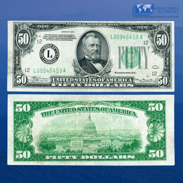 1934 $50 Federal Reserve Note San Francisco, Dark Green Seal, VF #46459