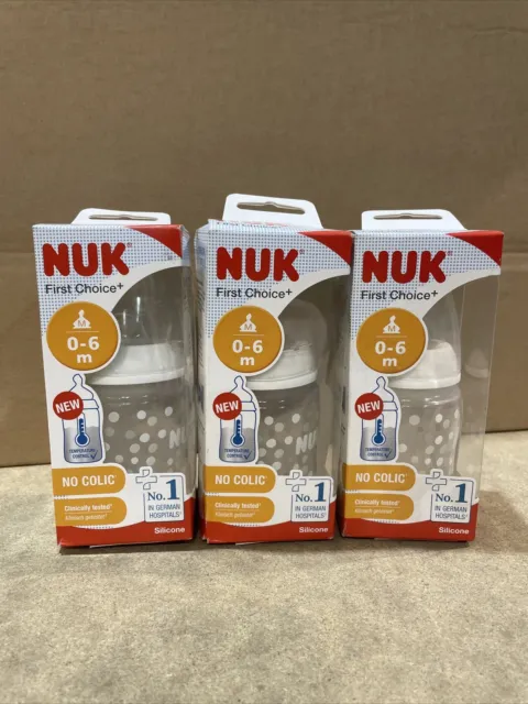3 biberones para bebé NUK First Choice +, control de temperatura sin cólicos - 0-6 m - nuevos