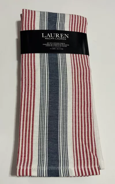 RALPH LAUREN Kitchen Towel Set Of 2 Red White Blue Stripes Patriotic 17X28” NEW