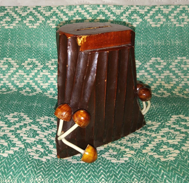 Piggy Bank stump mushrooms Vintage Russian USSR Wood art